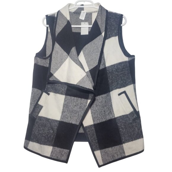 Women's black and white plaid sleeveless vest with pockets, One Size. NWT - Picture 1 of 7